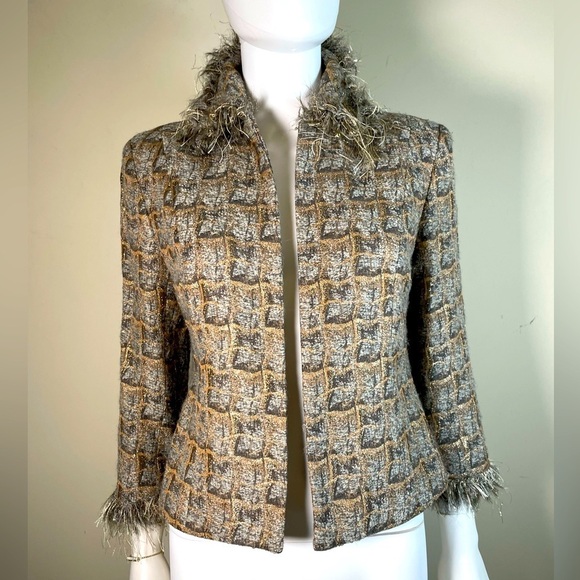 JULIANA COLLEZIONE Wool Mohair Blend TEXTURED Gold Fringe JACKET BLAZER Sz 2 - Picture 4 of 16